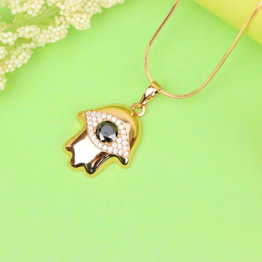 "Black Evil Eye Hamsa Pendant in Gold Plated Brass – Bold  Amulet, XPPT1756 - Picture 12 of 13